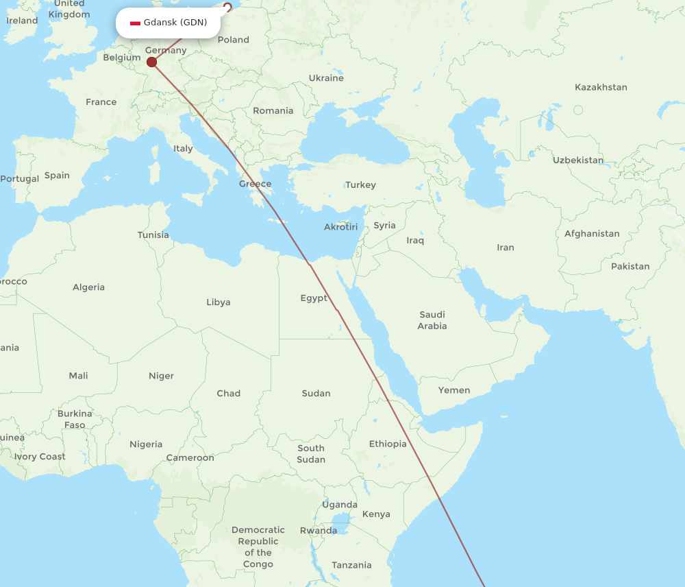 Gdansk - Mauritius route map and flight paths