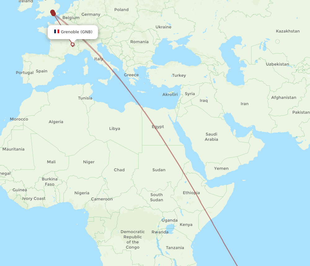Mauritius - Grenoble route map and flight paths