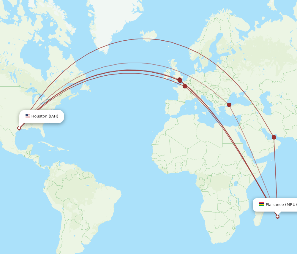 MRU-IAH flight routes