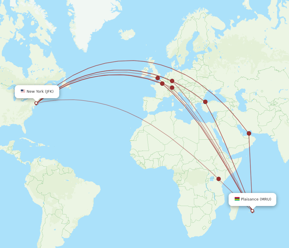 MRU-JFK flight routes