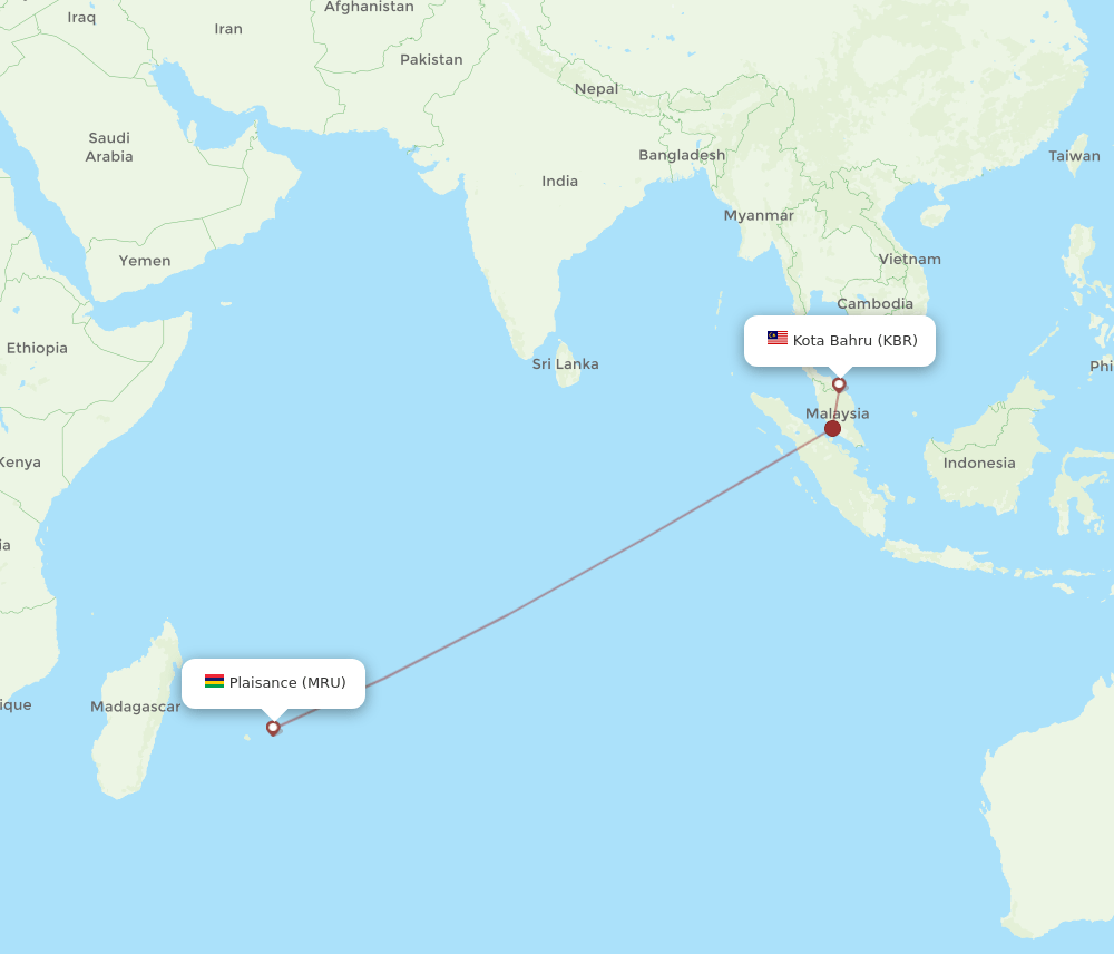 MRU-KBR flight routes