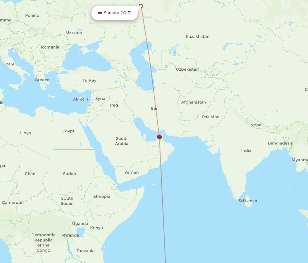 Samara - Mauritius route map and flight paths