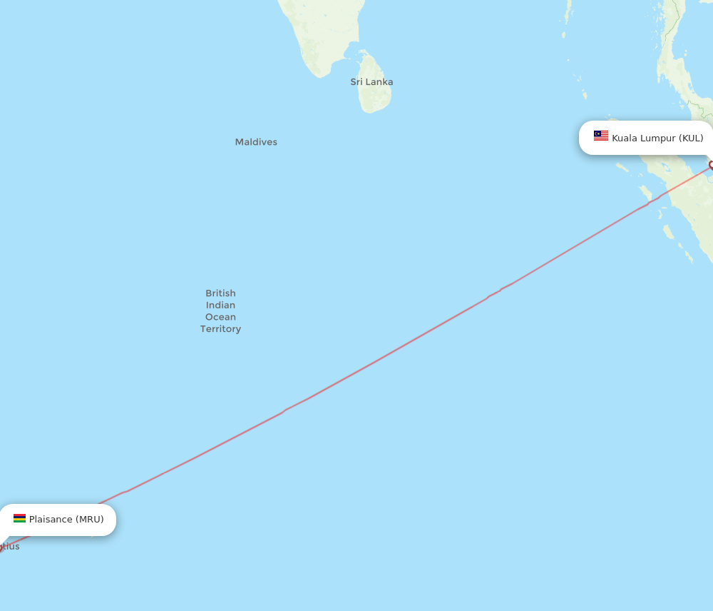 Mauritius - Kuala Lumpur route map and flight paths