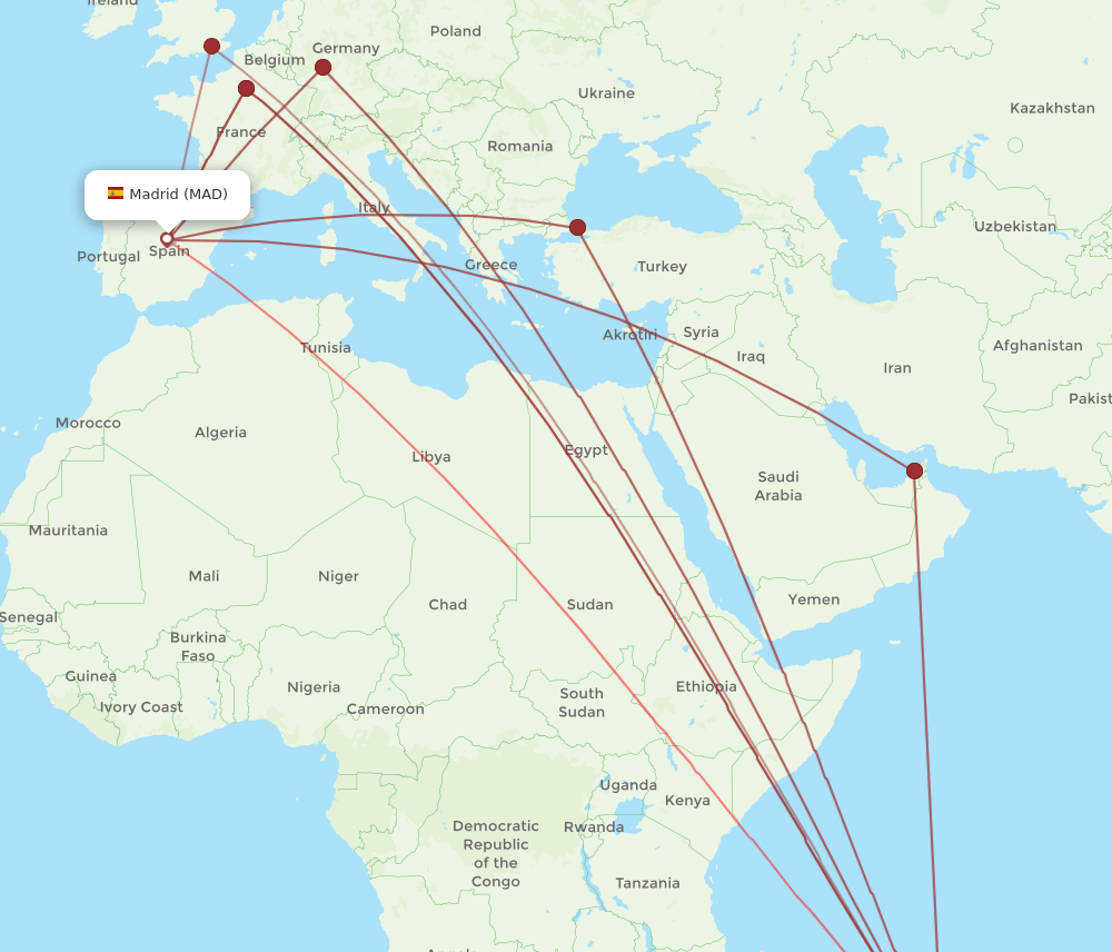 MRU-MAD flight routes