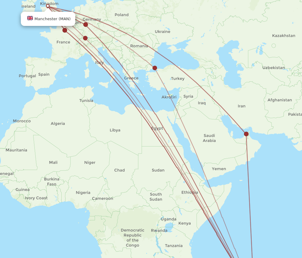 MRU to MAN flights and routes map
