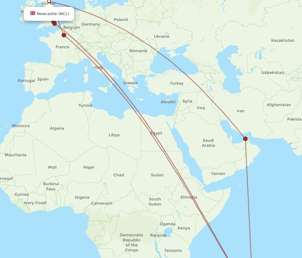 MRU to NCL flights and routes map