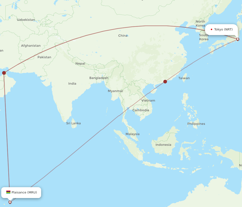 MRU-NRT flight routes