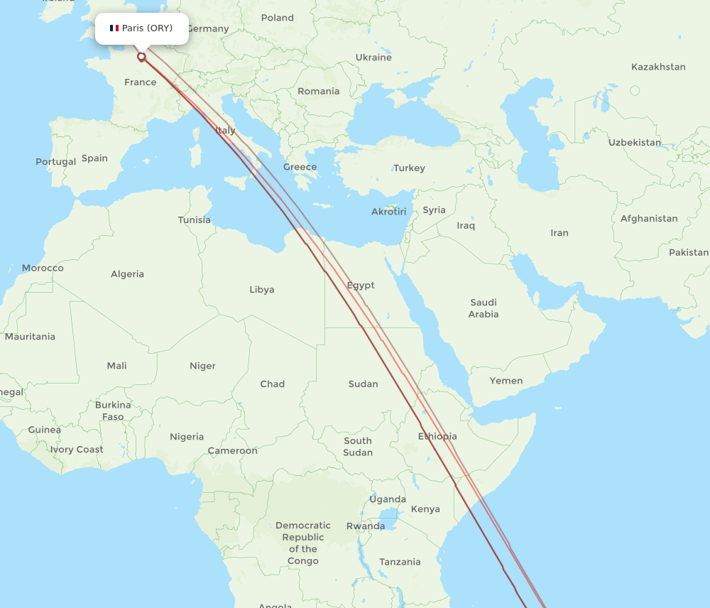 MRU to ORY flights and routes map