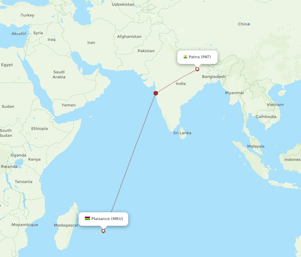Patna - Mauritius route map and flight paths