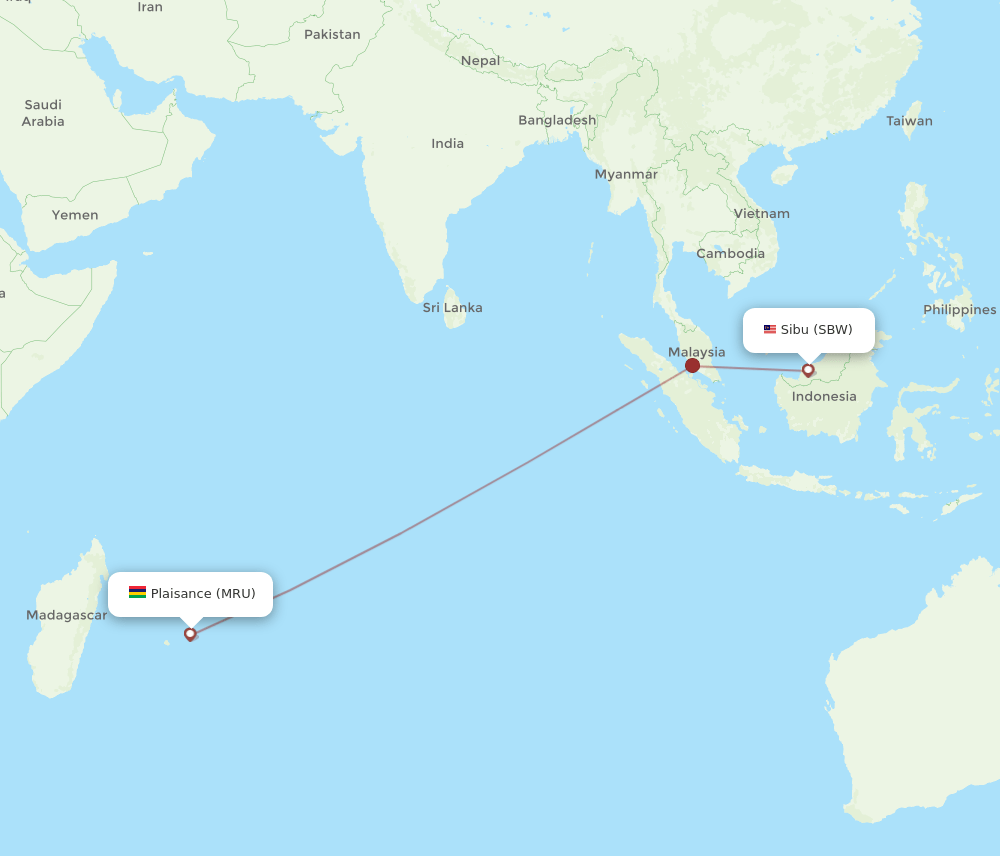 Mauritius - Sibu route map and flight paths