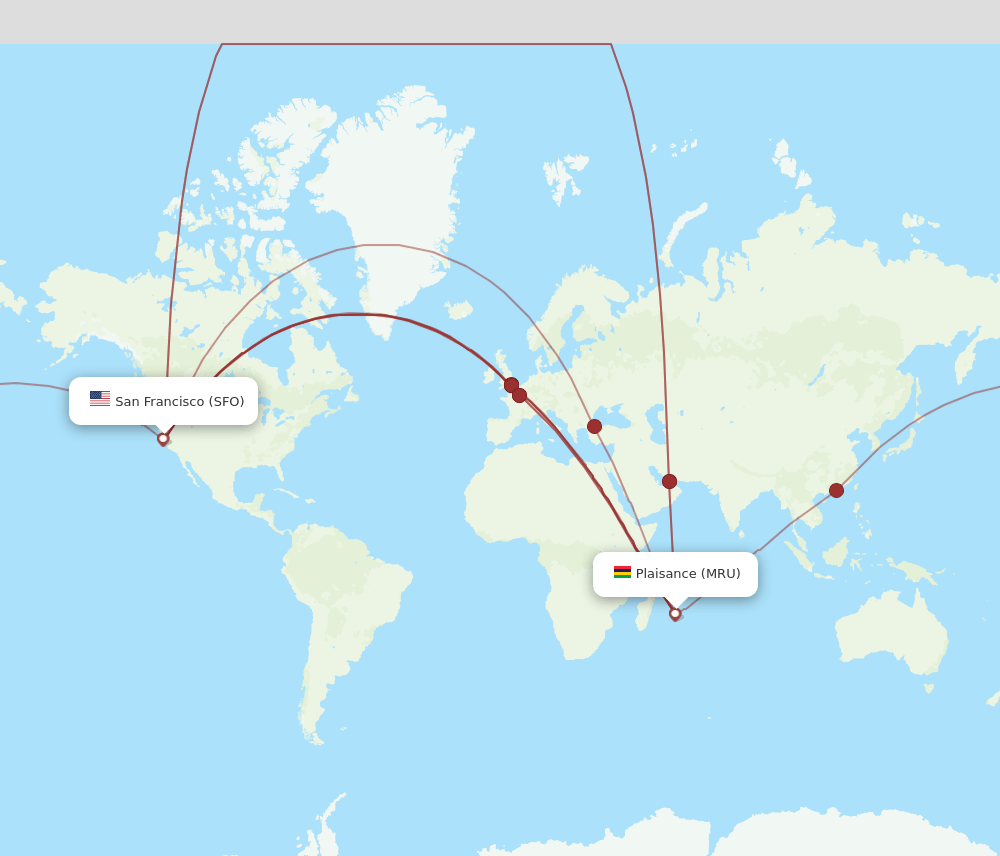 MRU-SFO flight routes