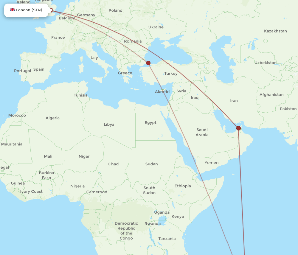 MRU-STN flight routes