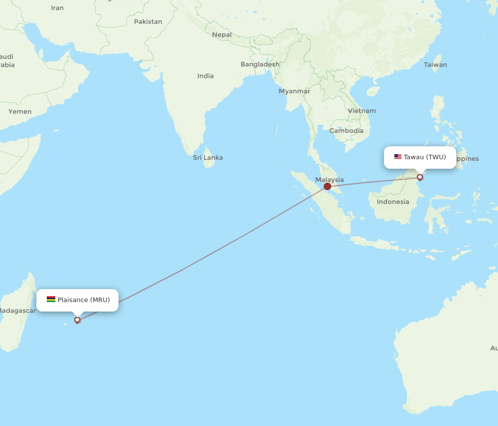MRU-TWU flight routes