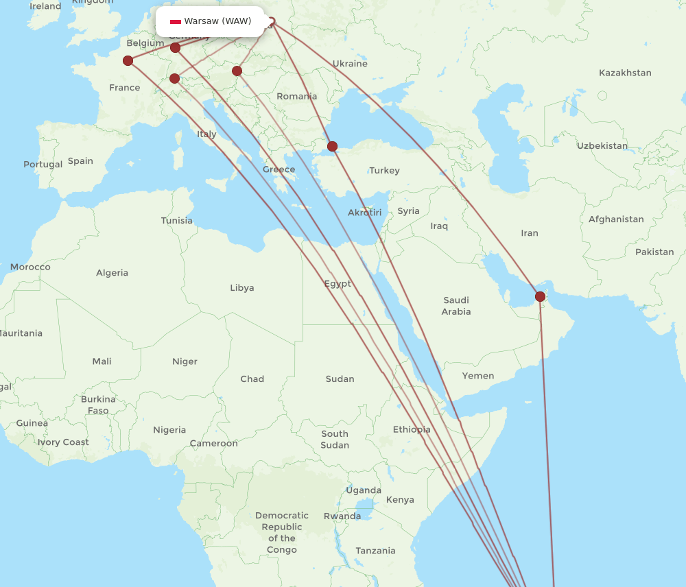 MRU to WAW flights and routes map