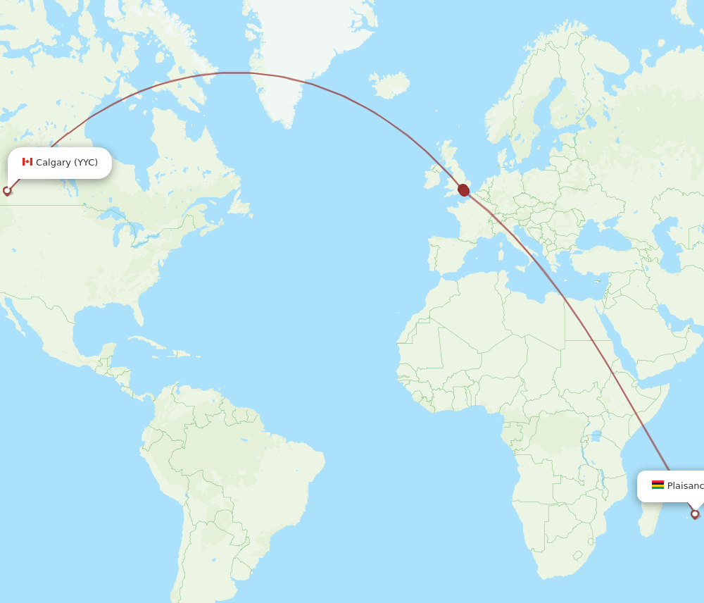 Calgary - Mauritius route map and flight paths