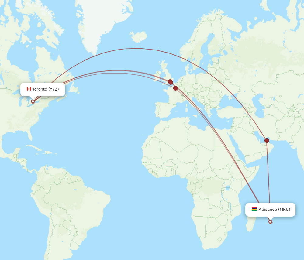 Toronto - Mauritius route map and flight paths