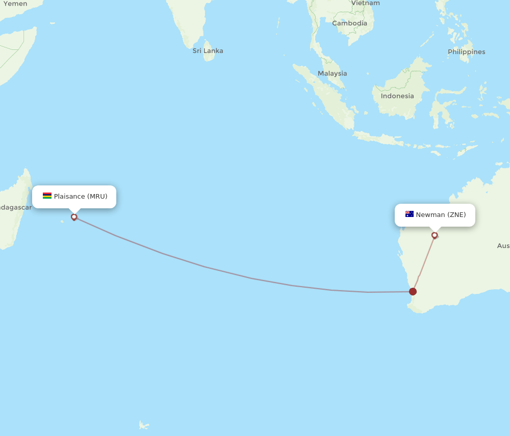 ZNE to MRU flights and routes map