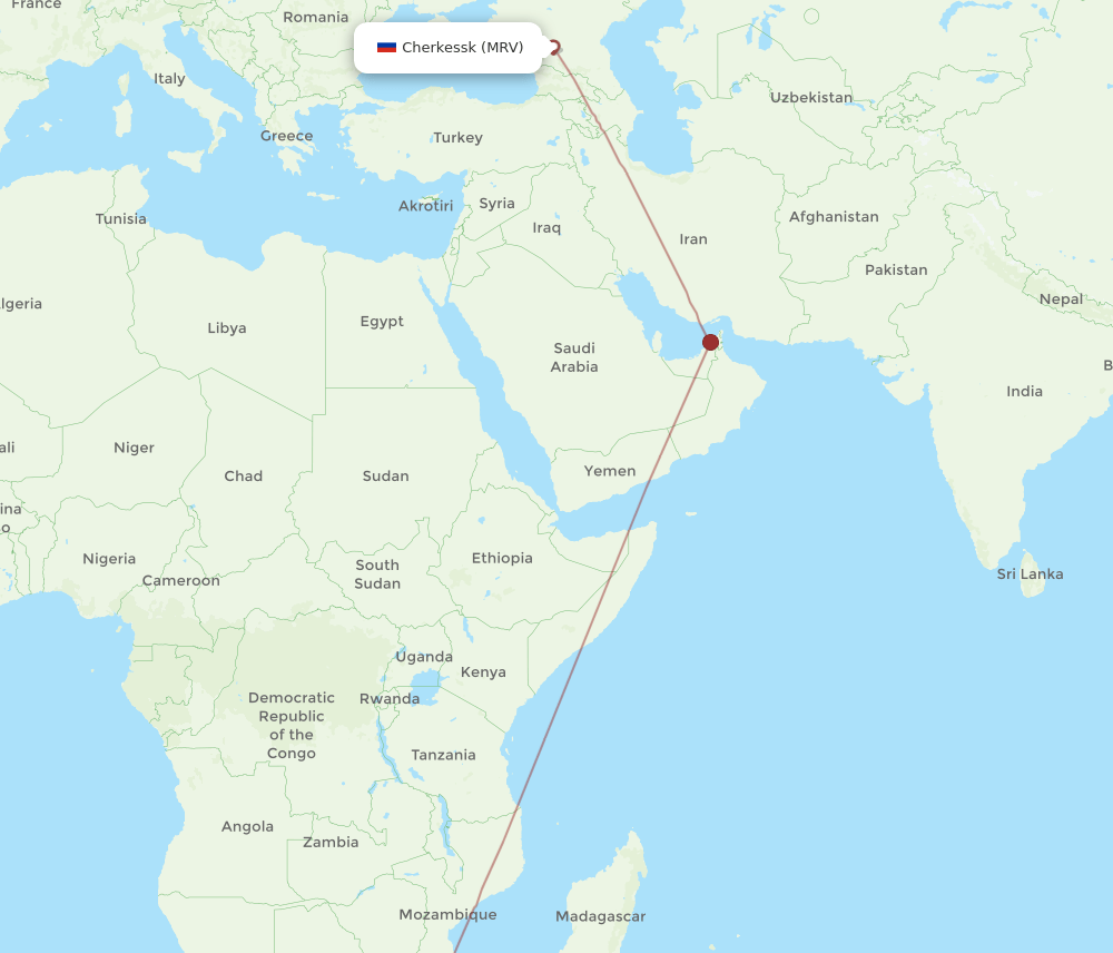 MRV to DUR flights and routes map