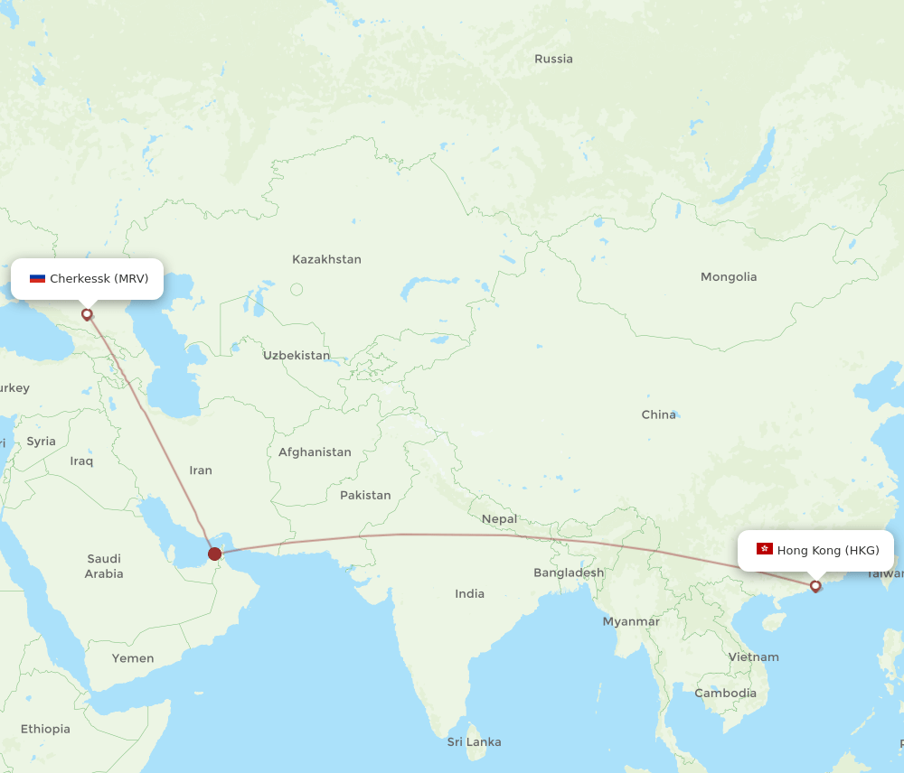 Hong Kong - Mineralnye Vody route map and flight paths