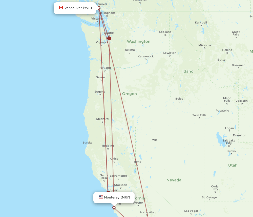 MRY to YVR flights and routes map