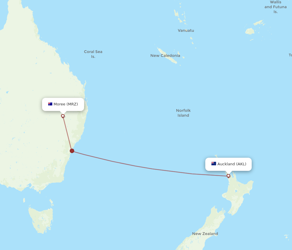MRZ to AKL flights and routes map