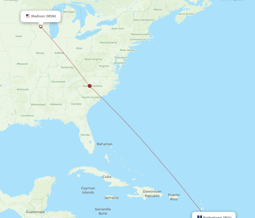 MSN to BGI flights and routes map