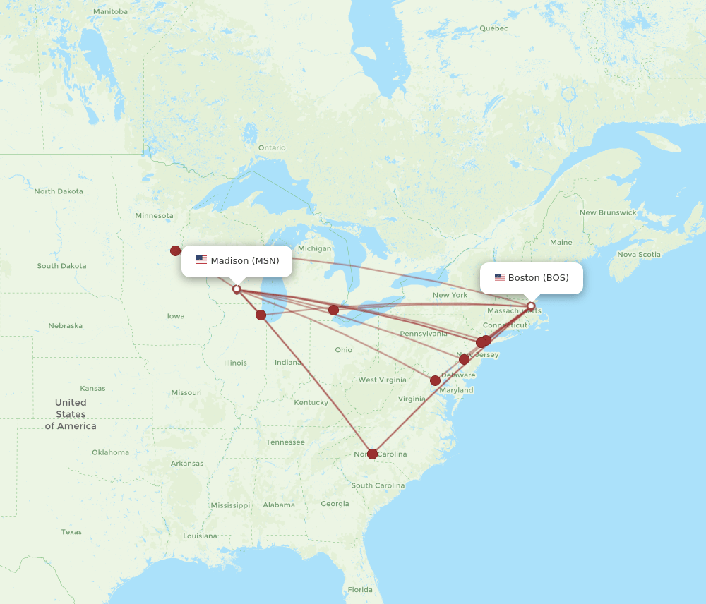 MSN to BOS flights and routes map