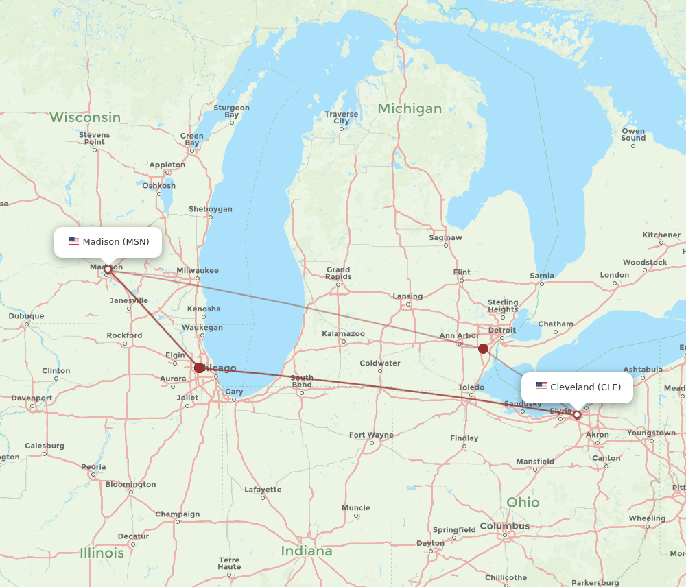 MSN to CLE flights and routes map