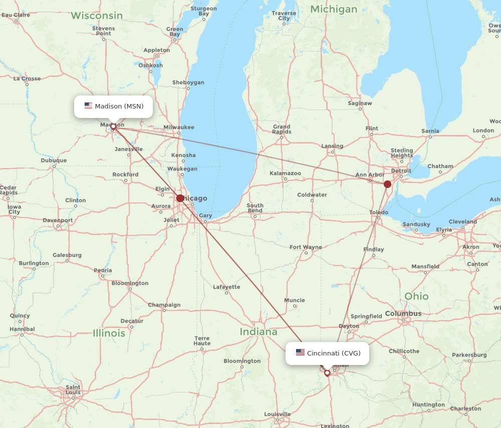 MSN-CVG flight routes