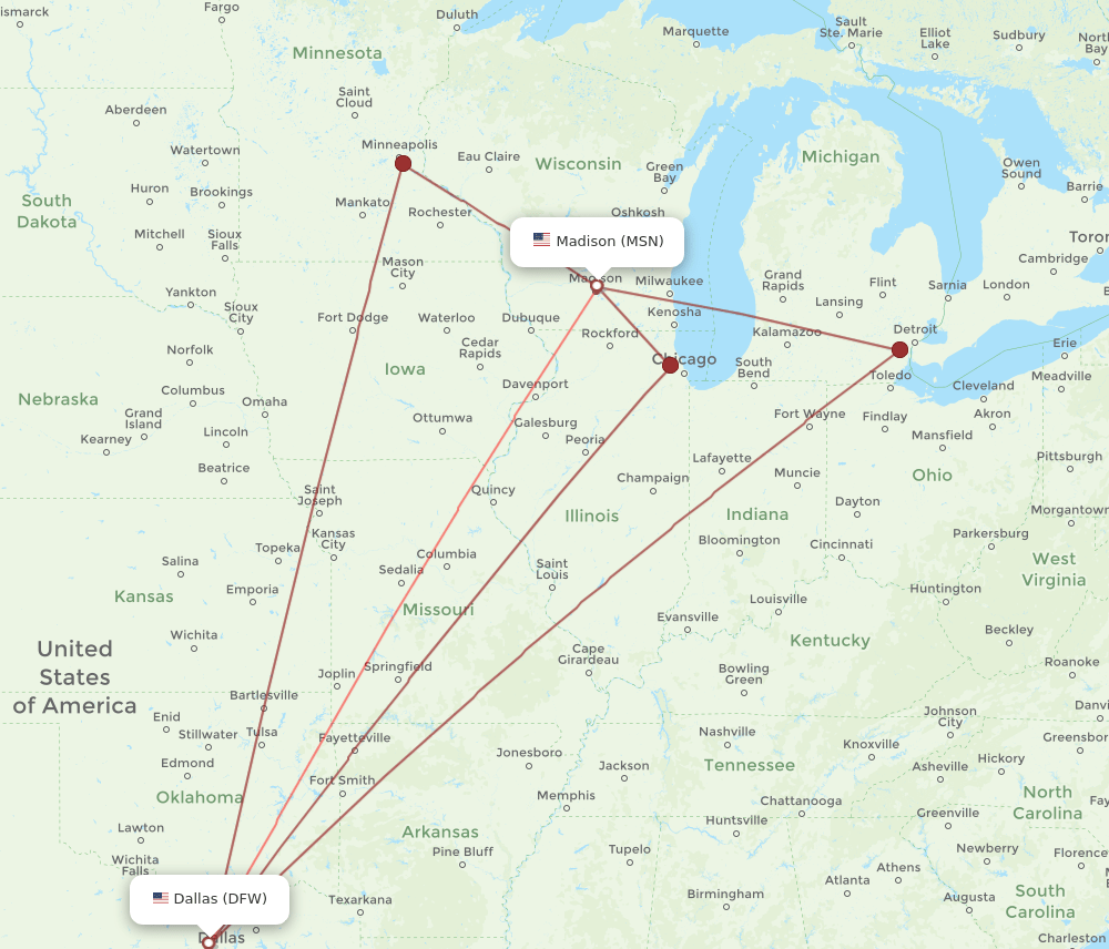 MSN to DFW flights and routes map