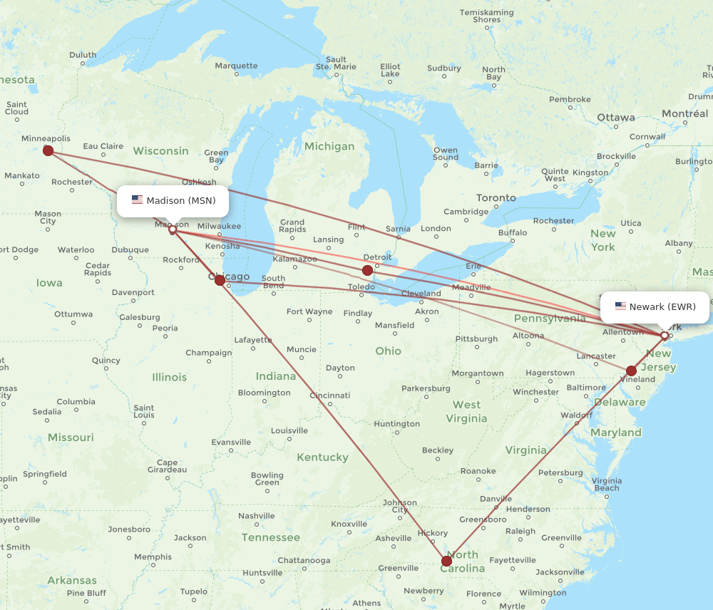 MSN to EWR flights and routes map