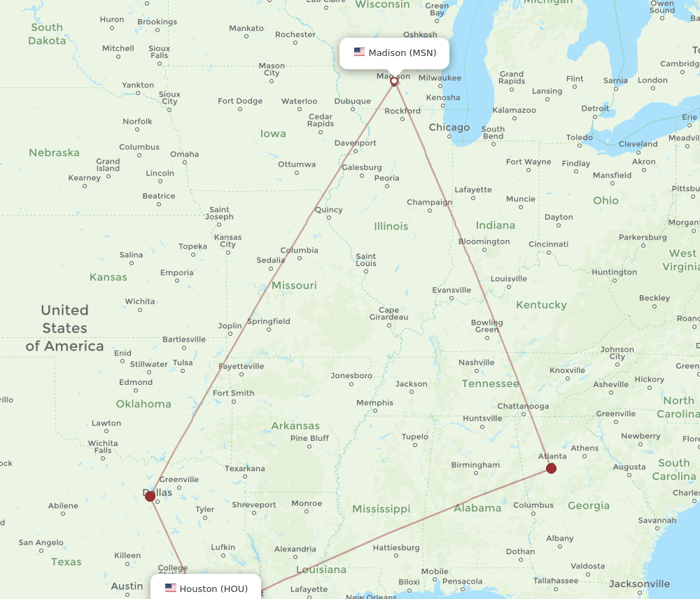 MSN-HOU flight routes
