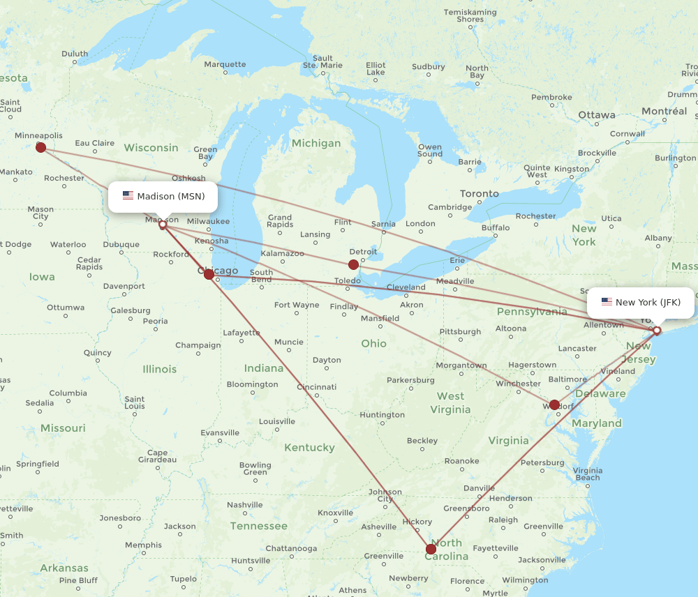 MSN-JFK flight routes