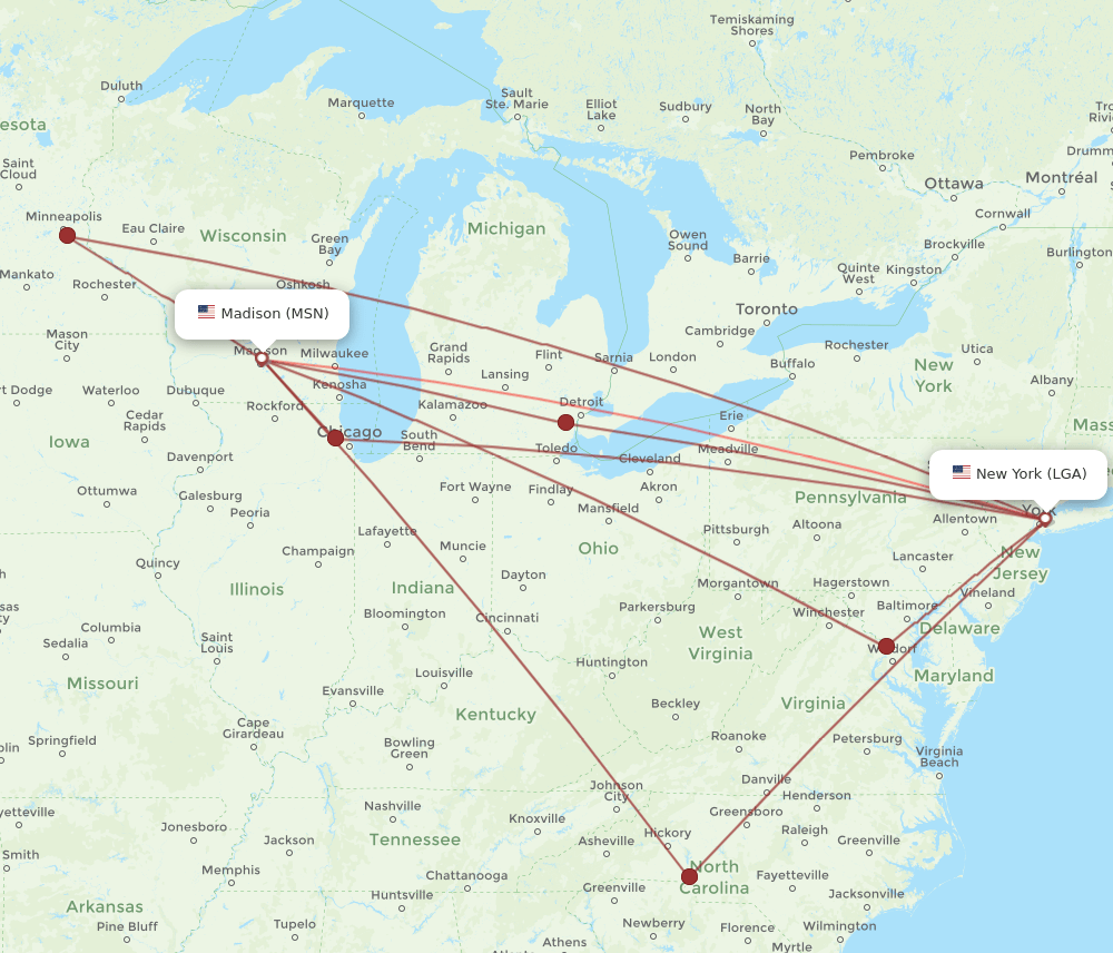 MSN-LGA flight routes