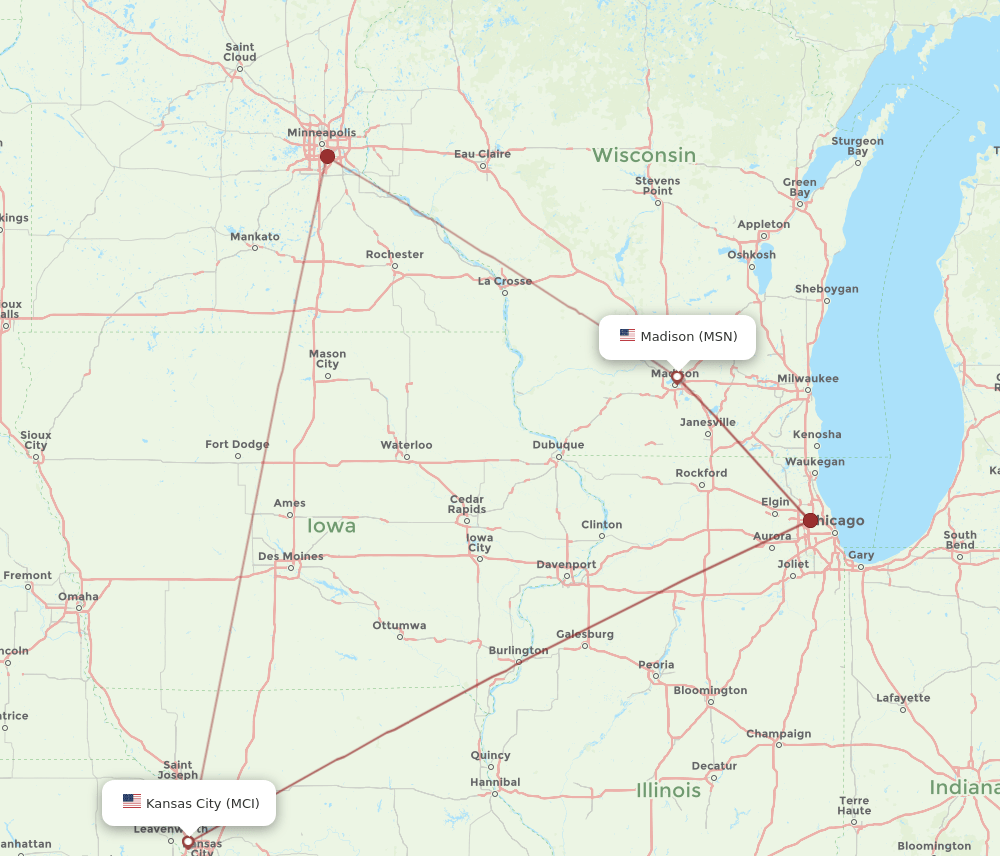 MSN-MCI flight routes