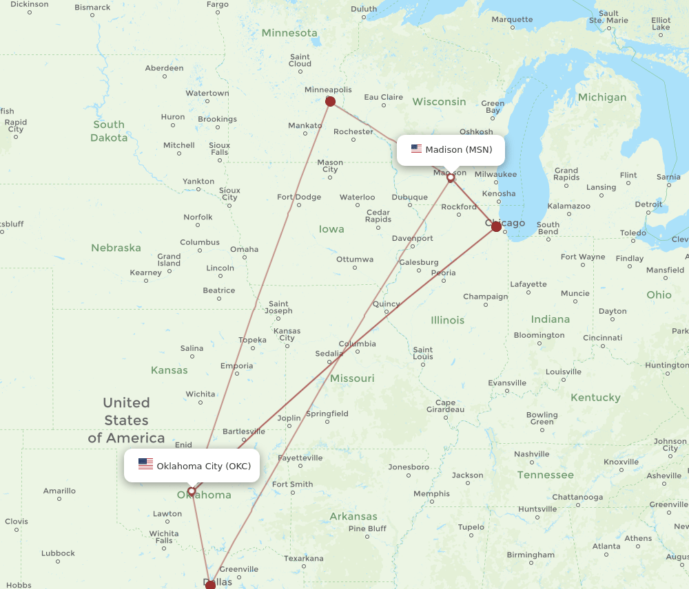 MSN-OKC flight routes