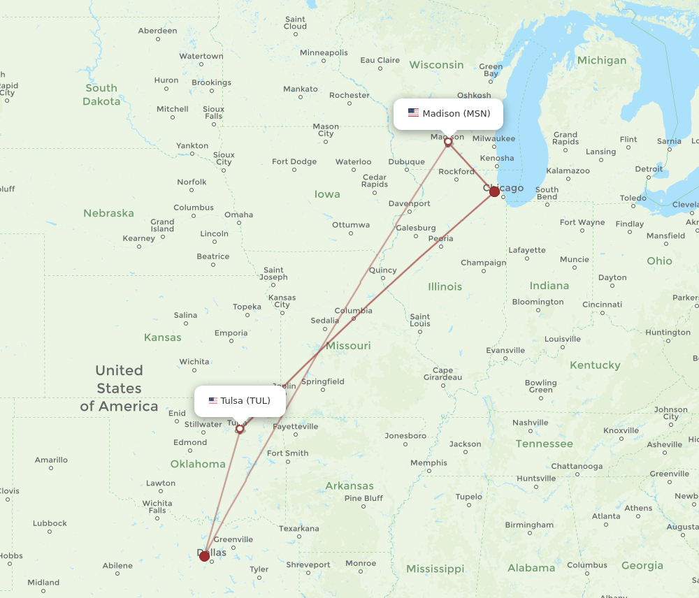 MSN-TUL flight routes