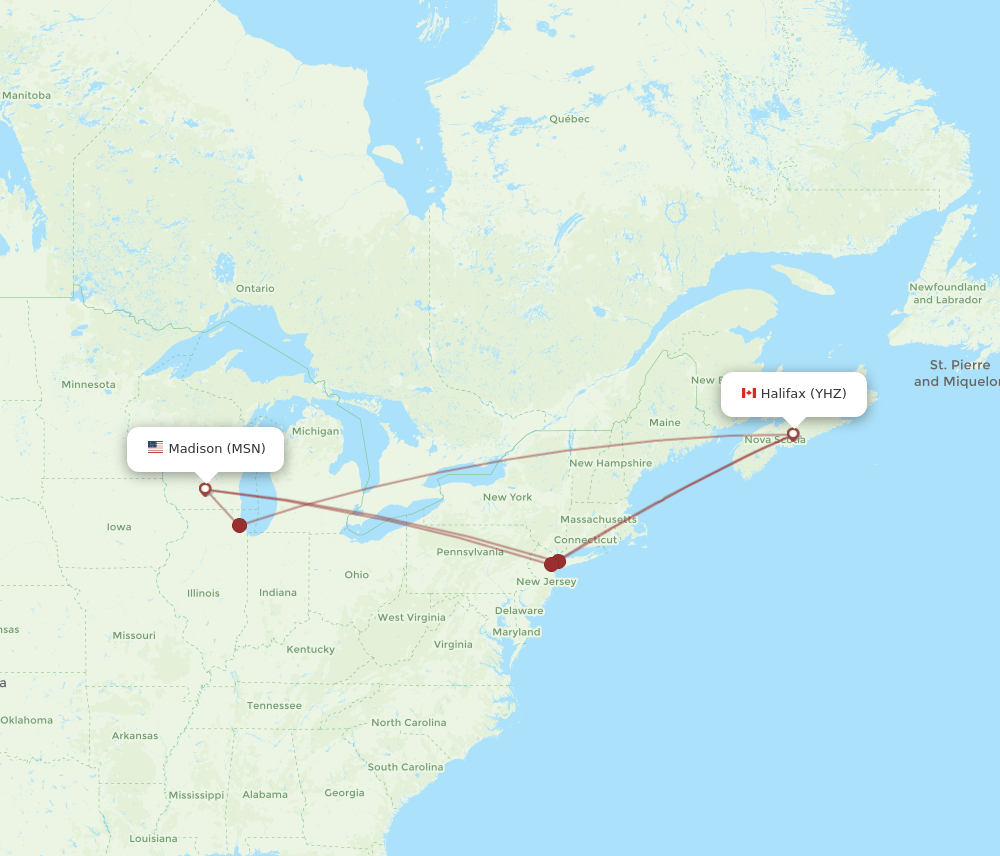MSN to YHZ flights and routes map