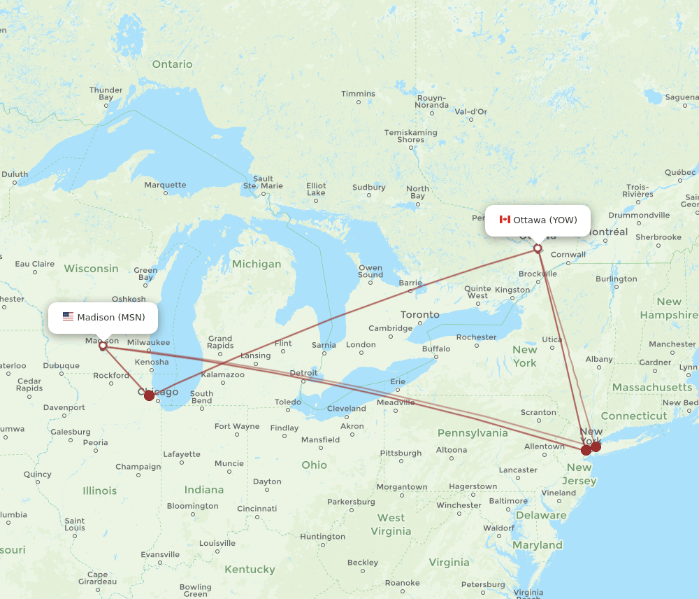 MSN-YOW flight routes