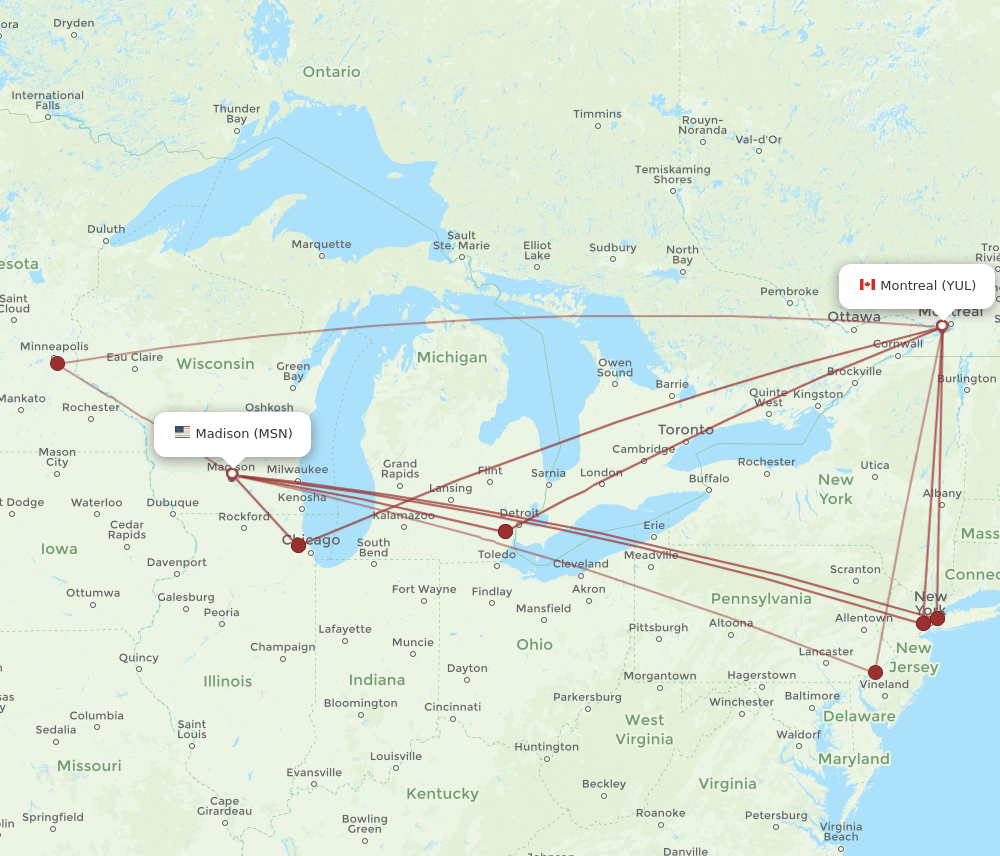 MSN-YUL flight routes