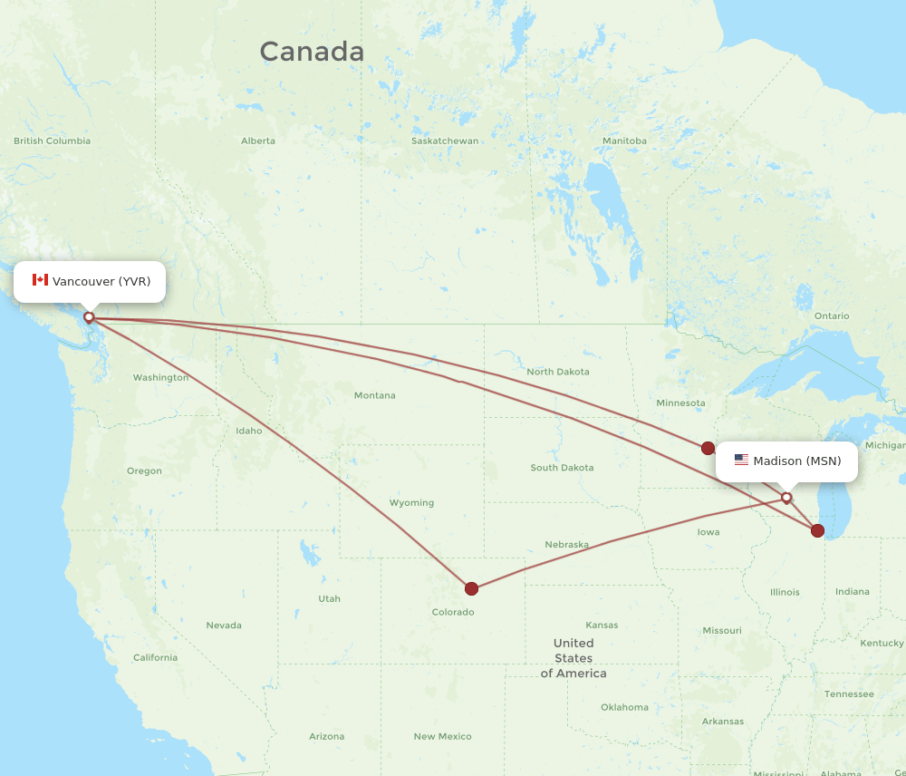Vancouver - Madison route map and flight paths
