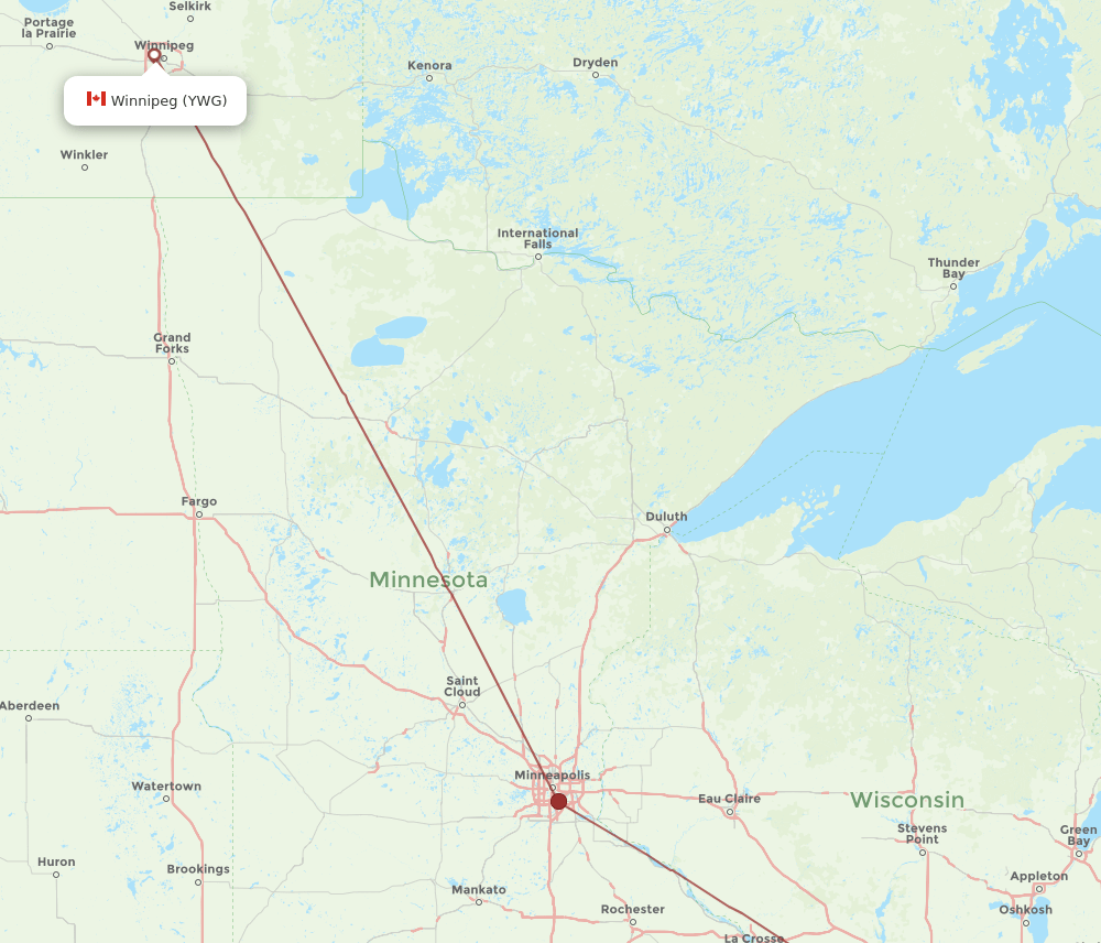 Winnipeg - Madison route map and flight paths