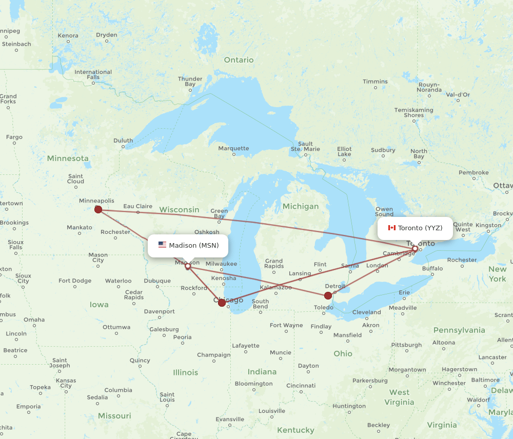 Toronto - Madison route map and flight paths