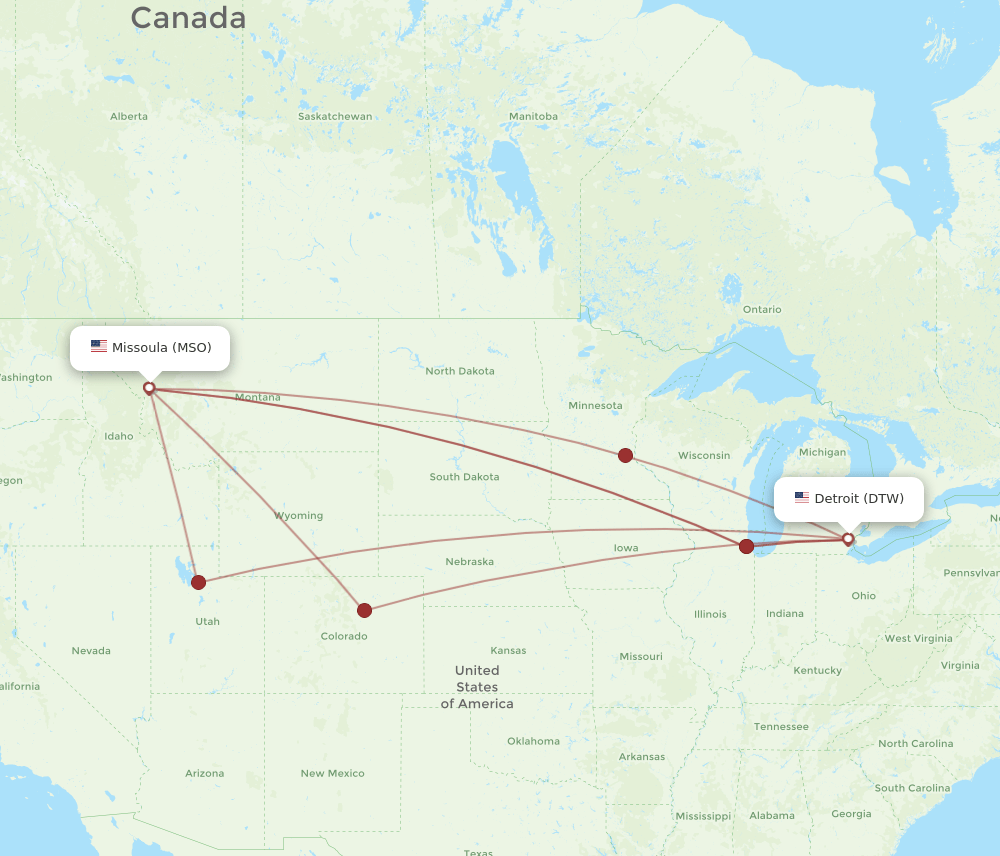 MSO to DTW flights and routes map