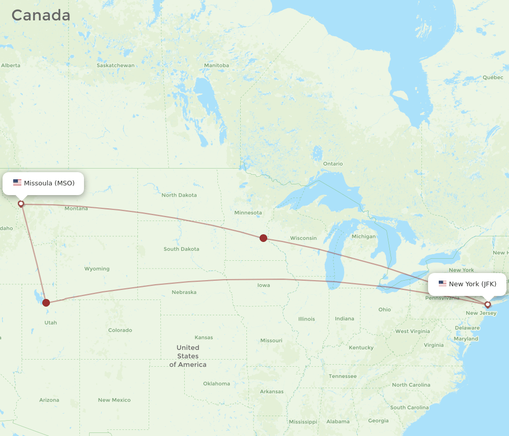 MSO to JFK flights and routes map