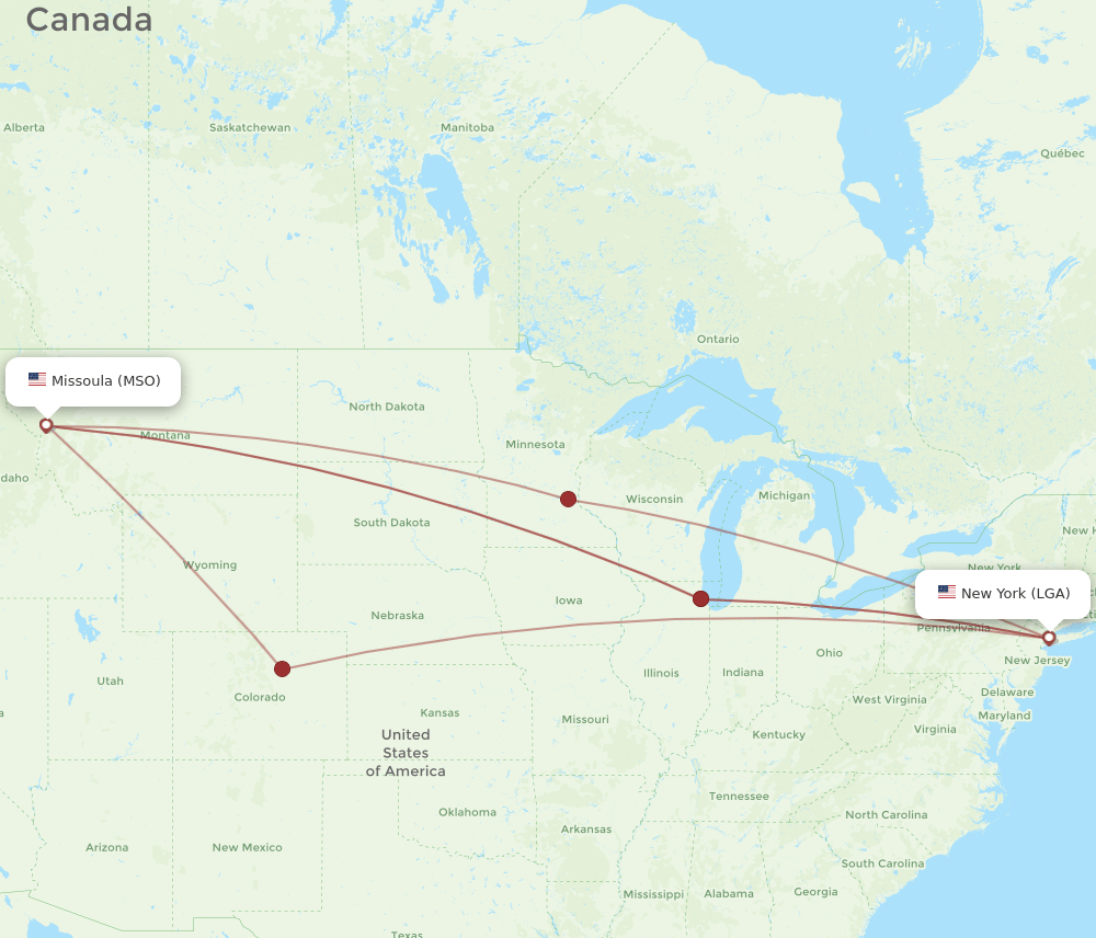 MSO-LGA flight routes