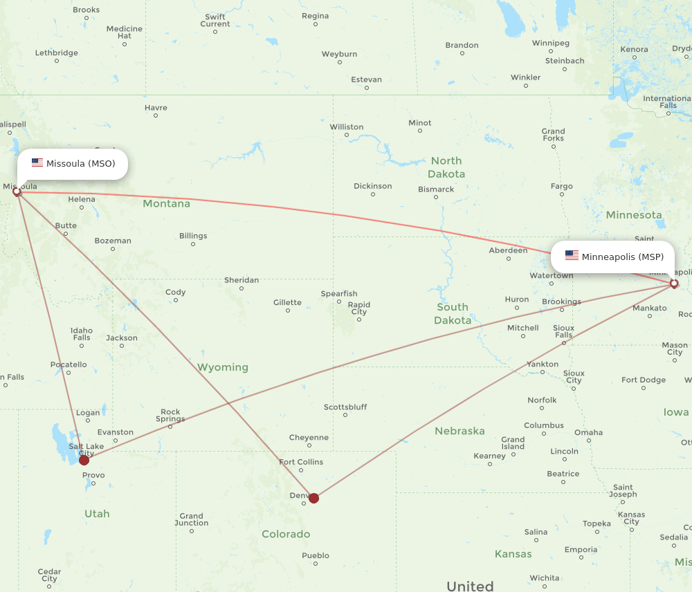 MSO to MSP flights and routes map