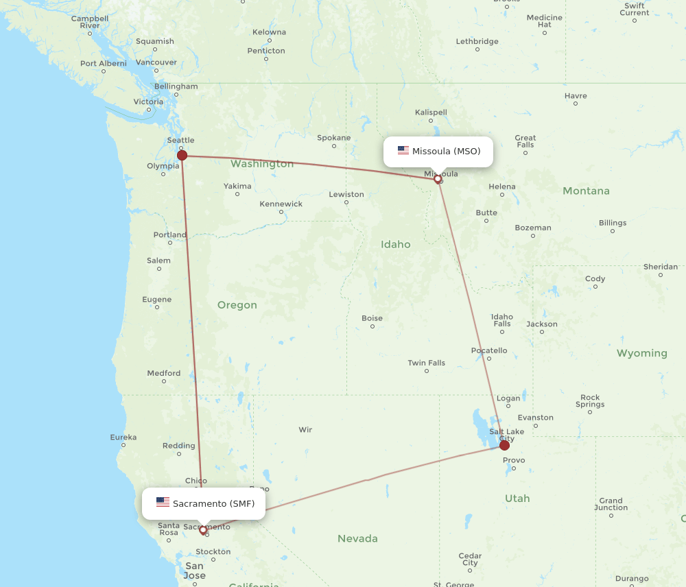 MSO to SMF flights and routes map