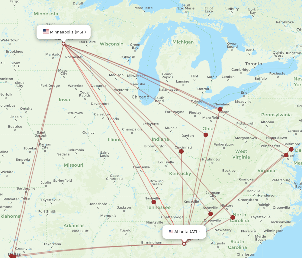 Minneapolis - Atlanta route map and flight paths