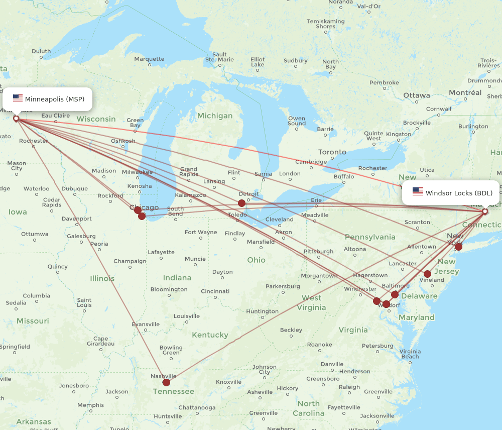 MSP-BDL flight routes